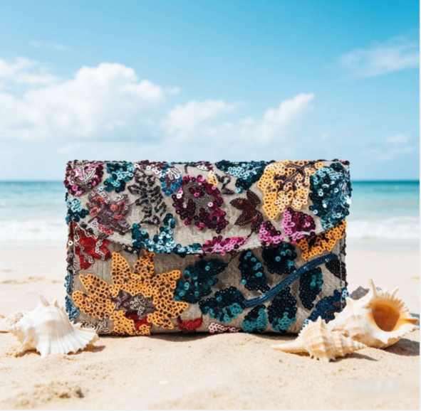 Pochette di paglia ricamata a mano con paillettes