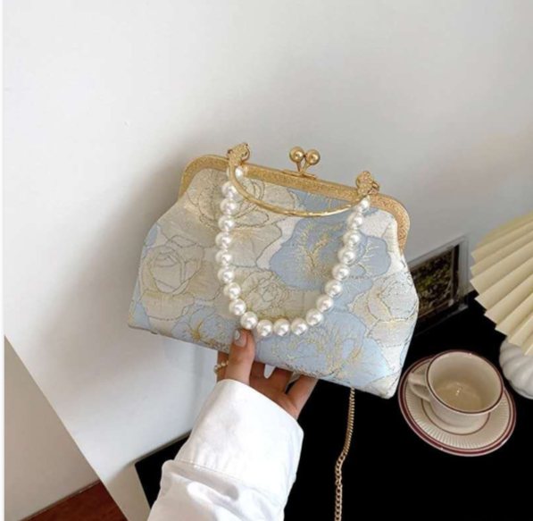 Sky Blue Brocade Clutch with Rose Embroidery, Pearl Handle and Gold Chain