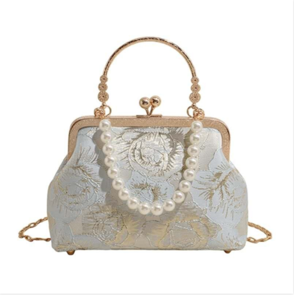 Sky Blue Brocade Clutch with Rose Embroidery, Pearl Handle and Gold Chain