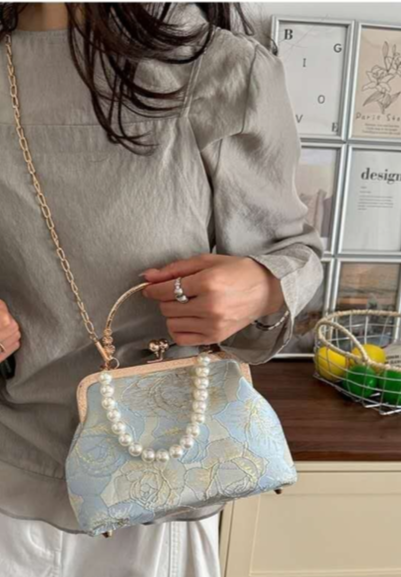 Sky Blue Brocade Clutch with Rose Embroidery, Pearl Handle and Gold Chain