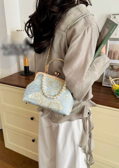 Sky Blue Brocade Clutch with Rose Embroidery, Pearl Handle and Gold Chain