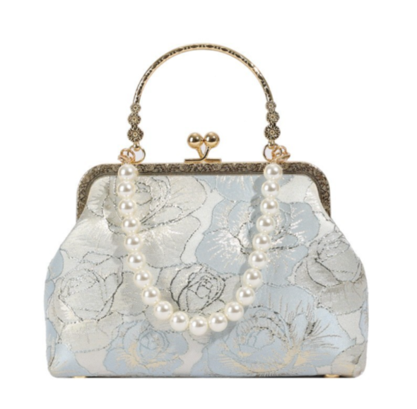 Sky Blue Brocade Clutch with Rose Embroidery, Pearl Handle and Gold Chain