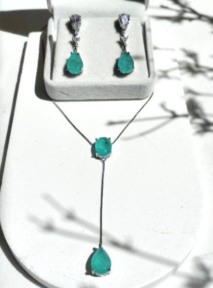 18K White Gold Plated Water Blue Zircon Necklace and Earrings Set