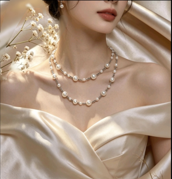 Collana elegante con perline bianche, catena a perline di ispirazione vintage