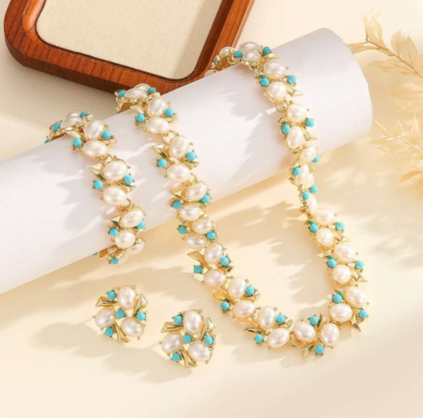 Completo 3 PEZZI Gioielli Vintage con Perle e Pietra turchese, Stile Floreale