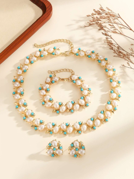 Completo 3 PEZZI Gioielli Vintage con Perle e Pietra turchese, Stile Floreale