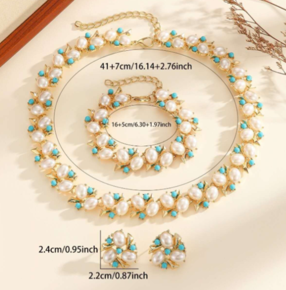 Completo 3 PEZZI Gioielli Vintage con Perle e Pietra turchese, Stile Floreale