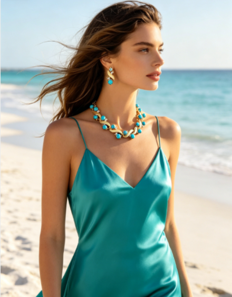 2-piece vintage style braided natural turquoise stone set