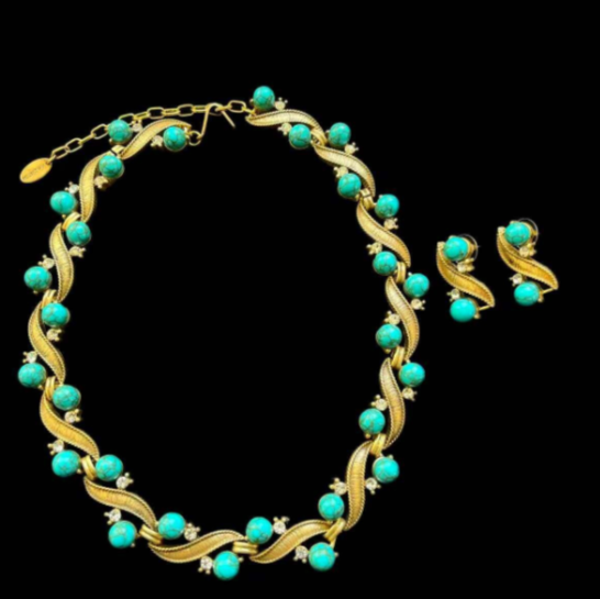 2-piece vintage style braided natural turquoise stone set