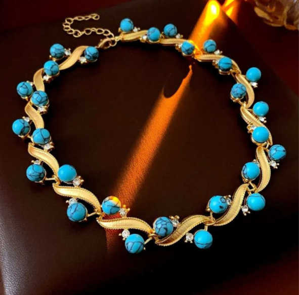 2-piece vintage style braided natural turquoise stone set
