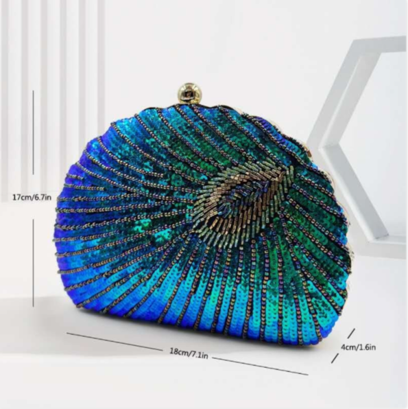 Pochette Conchiglia Pavone con Perline & Pagliette Cucite a Mano