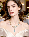 Set gioielli cristallo floreale smeraldo zaffiro, collana e orecchini x cerimoni