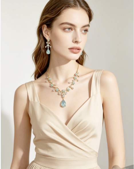 Set gioielli cristallo floreale smeraldo zaffiro, collana e orecchini x cerimoni
