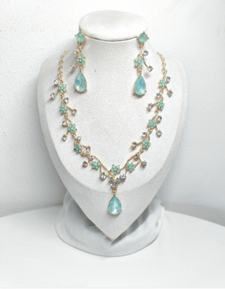 Set gioielli cristallo floreale smeraldo zaffiro, collana e orecchini x cerimoni