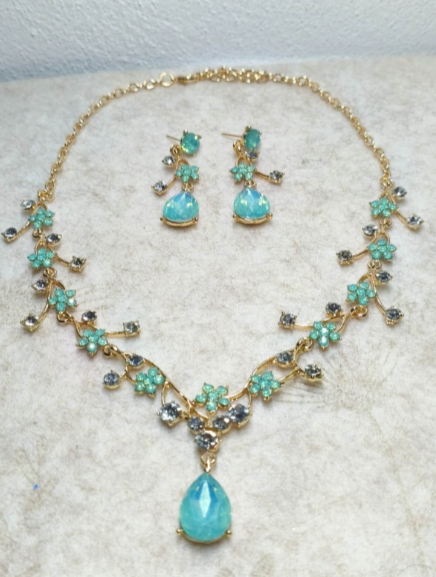 Set gioielli cristallo floreale smeraldo zaffiro, collana e orecchini x cerimoni