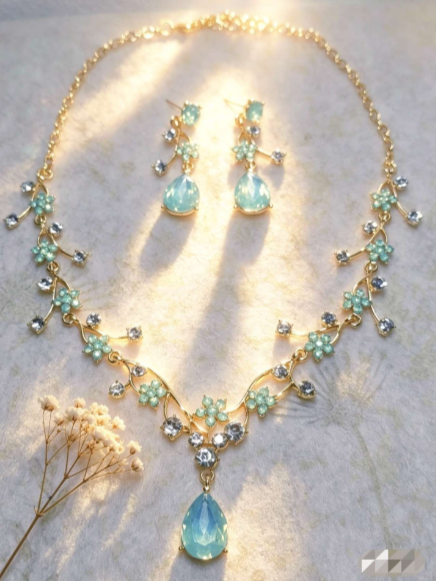 Set gioielli cristallo floreale smeraldo zaffiro, collana e orecchini x cerimoni