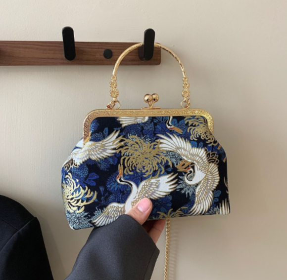Pochette da sera in broccato di seta con gru e fiori, borsa a mano con chiusura