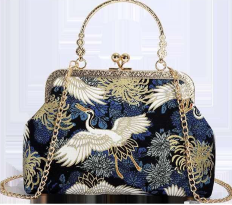 Pochette da sera in broccato di seta con gru e fiori, borsa a mano con chiusura
