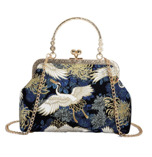 Pochette da sera in broccato di seta con gru e fiori, borsa a mano con chiusura