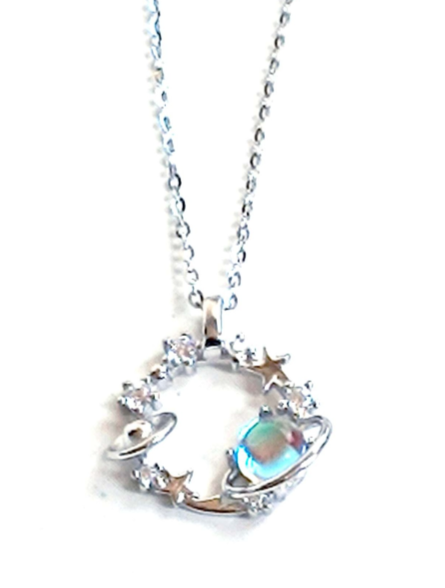 Halskette aus 925er Silber mit Opal-Sternenhimmel-Anhänger, Weltraum-Thema