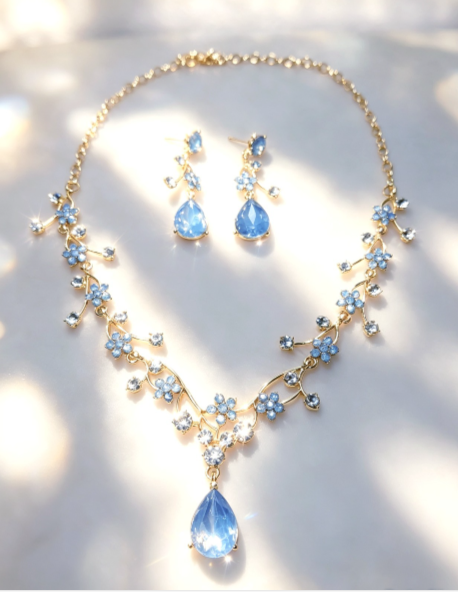 Zircon Set Jewelry-Flowering Branch Necklace and Earrings