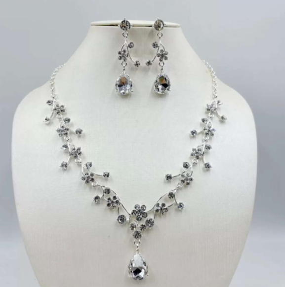 Zircon Set Jewelry-Flowering Branch Necklace and Earrings