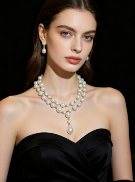Set Collana e Orecchini Perle a Doppio Strato, Ciondolo a Goccia (2 pezzi)