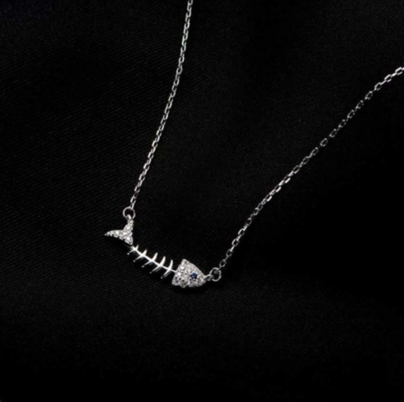Halskette Silber 925 Fischskelett Zirkonia Glitzer, verstellbare Kette