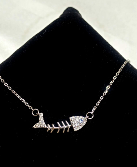 Halskette Silber 925 Fischskelett Zirkonia Glitzer, verstellbare Kette