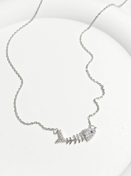 Halskette Silber 925 Fischskelett Zirkonia Glitzer, verstellbare Kette
