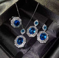 Set Gioielli di zircone blu zaffiro : Collana, Orecchini e Anello Aperto 3 pezzi