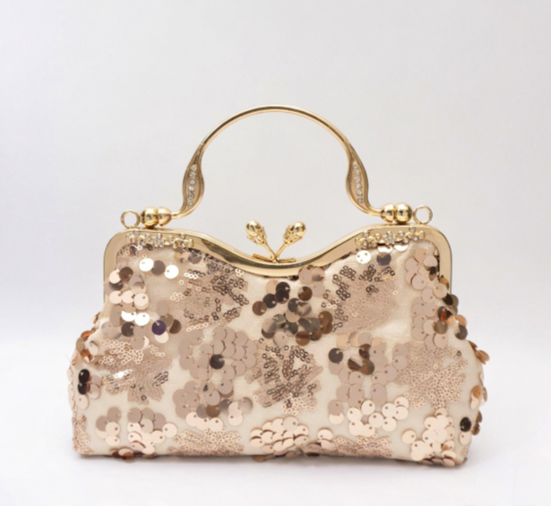 Pochette da sera lustrini champagne "Fiori Spumante", manico + catena removibile