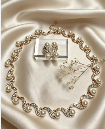 "Lunar Wave" Pearl and Zircon Necklace and Earrings Set