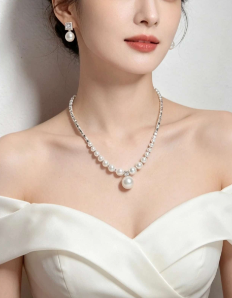 Set Collana e Orecchini con Perle e Zirconi, Stile Elegante per Matrimoni