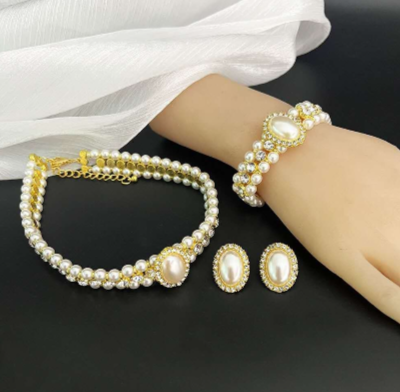 SET aus Zirkonia, Perlen und Diamanten, doppellagig, Vintage-Stil und französischer Stil, 3 TEILE