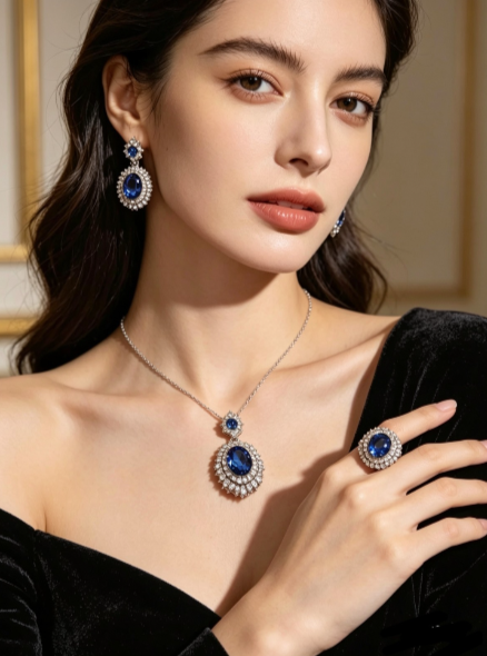 Set Gioielli di zircone blu zaffiro : Collana, Orecchini e Anello Aperto 3 pezzi