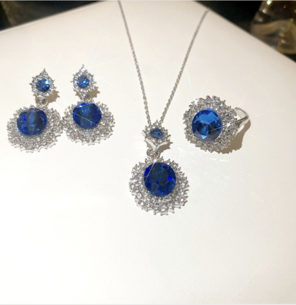 Set Gioielli di zircone blu zaffiro : Collana, Orecchini e Anello Aperto 3 pezzi