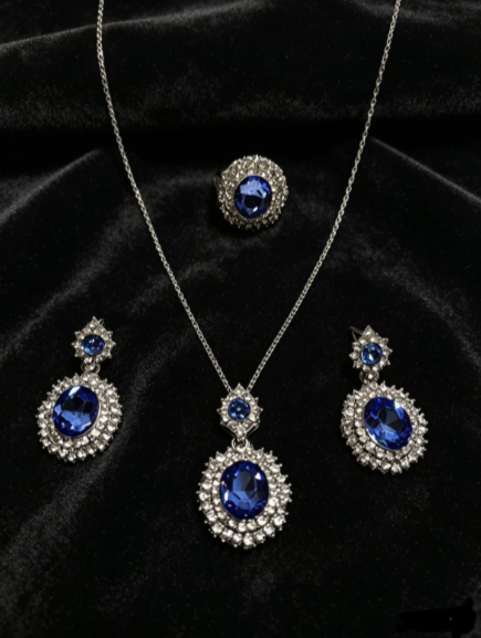 Set Gioielli di zircone blu zaffiro : Collana, Orecchini e Anello Aperto 3 pezzi