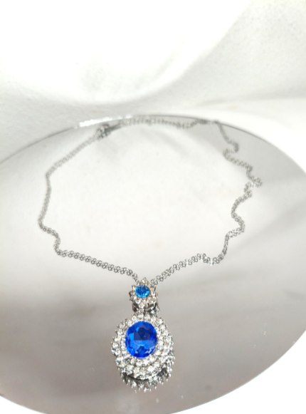Set Gioielli di zircone blu zaffiro : Collana, Orecchini e Anello Aperto 3 pezzi