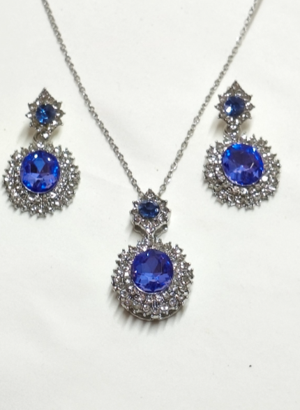 Set Gioielli di zircone blu zaffiro : Collana, Orecchini e Anello Aperto 3 pezzi