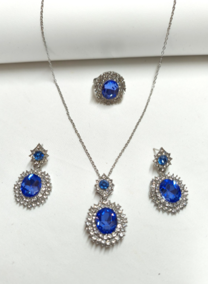 Set Gioielli di zircone blu zaffiro : Collana, Orecchini e Anello Aperto 3 pezzi