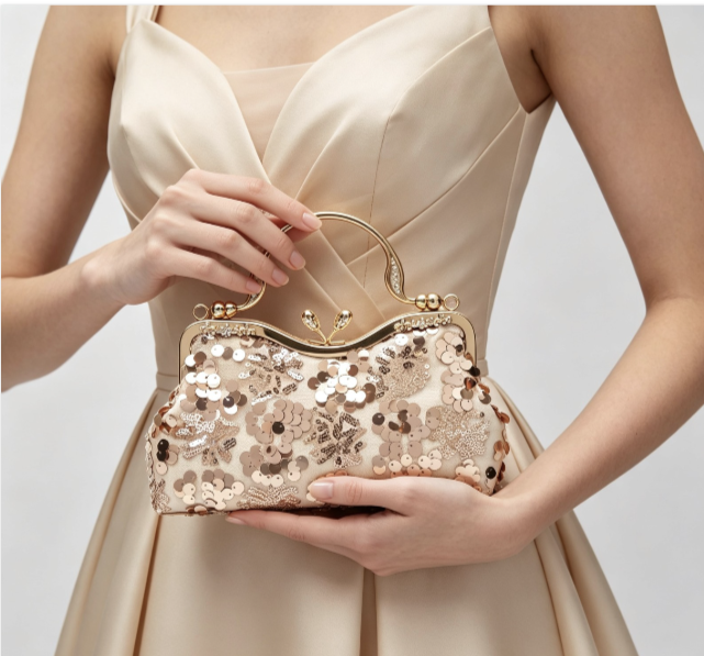 Pochette da sera lustrini champagne "Fiori Spumante", manico + catena removibile