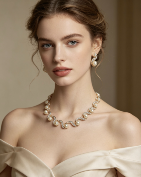 "Lunar Wave" Pearl and Zircon Necklace and Earrings Set