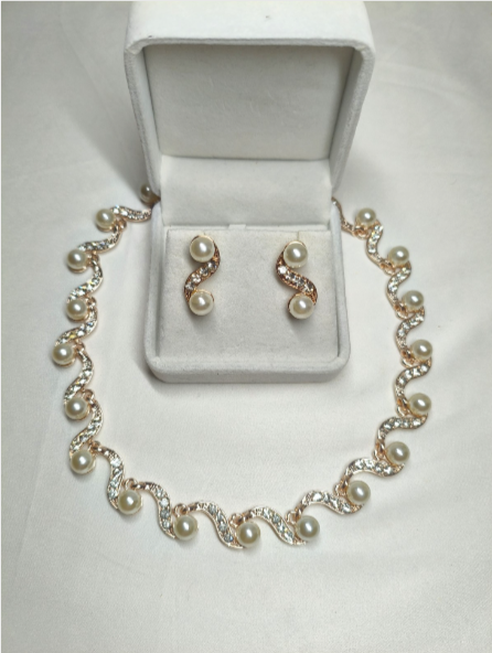 "Lunar Wave" Pearl and Zircon Necklace and Earrings Set