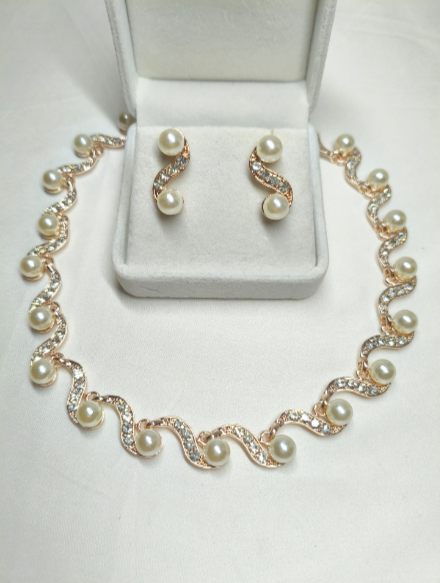 "Lunar Wave" Pearl and Zircon Necklace and Earrings Set