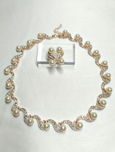 "Lunar Wave" Pearl and Zircon Necklace and Earrings Set