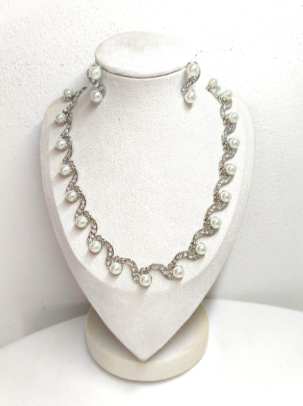"Lunar Wave" Pearl and Zircon Necklace and Earrings Set