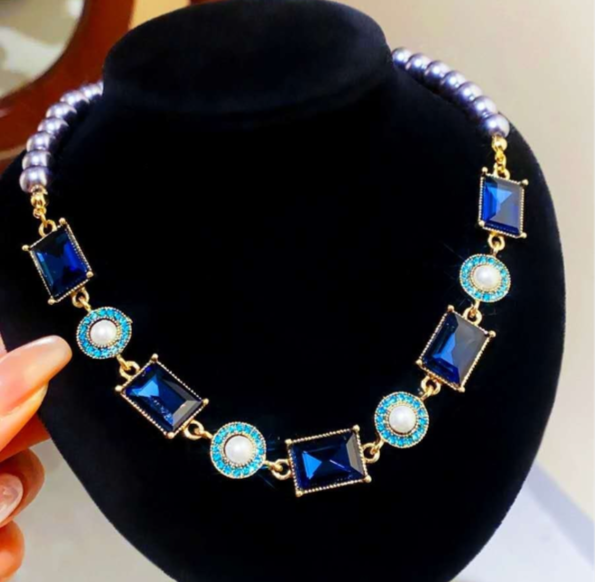 set di pietre blue rettangolari e perle stile vintage 2 PEZZI