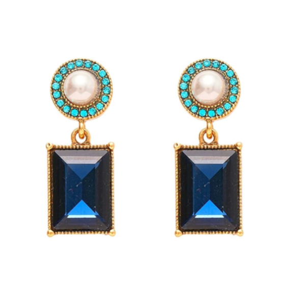 set di pietre blue rettangolari e perle stile vintage 2 PEZZI