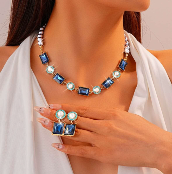 set di pietre blue rettangolari e perle stile vintage 2 PEZZI